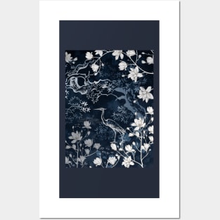 Heron bird on dark background with magnolia e sakura tree Posters and Art